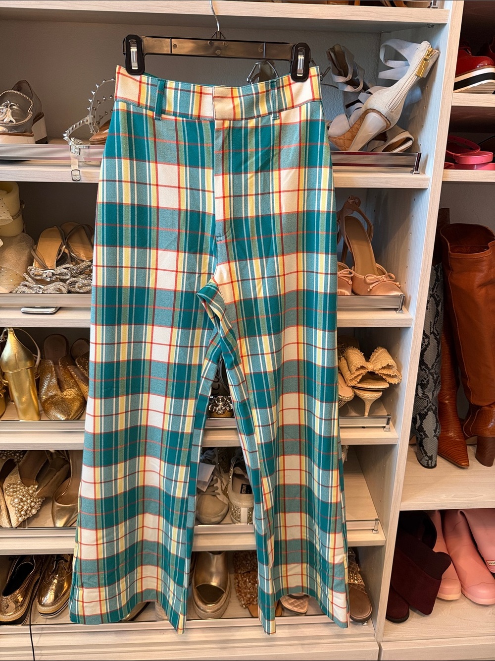 Free People Teal & Cream Plaid Wide-Leg Pants